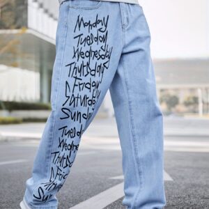 Maxct Letter Print Loose Fit Jeans, Men's Casual Street Style Wide Leg Denim Pants For All Seasons