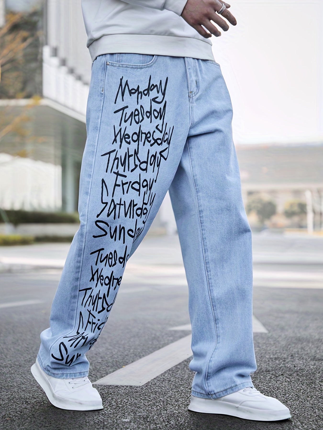 Maxct  Letter Print Loose Fit Jeans, Men's Casual Street Style Wide Leg Denim Pants For All Seasons