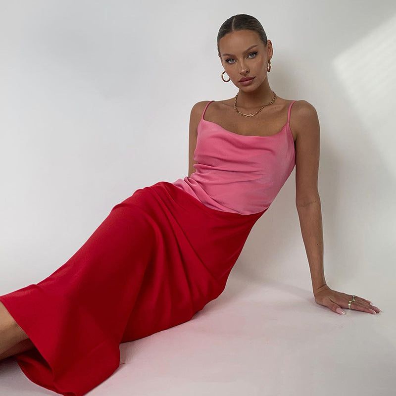 Strawberry Fields Diagonal Panel Satin Midi Dress Maxct