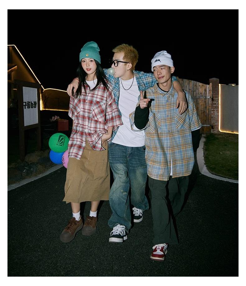 Maxct 90s Streetwear Japanese Niche Plaid Short-sleeved Shirt Men's Summer New Loose Trendy Brand All-match Shirt Couple's Coat Top