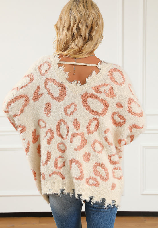 Maxct &Distressed Trim Leopard V-Neck Sweater