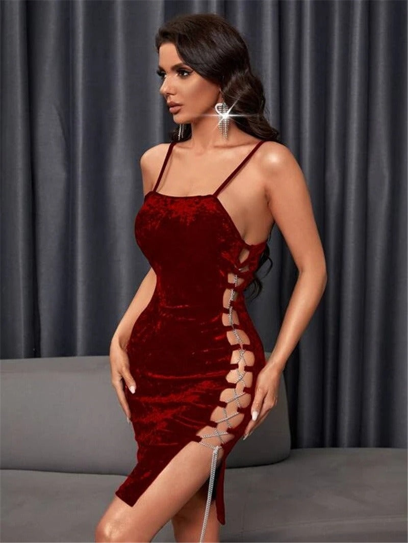 Gold Silk Velvet Tight Side-Tied Dress Maxct