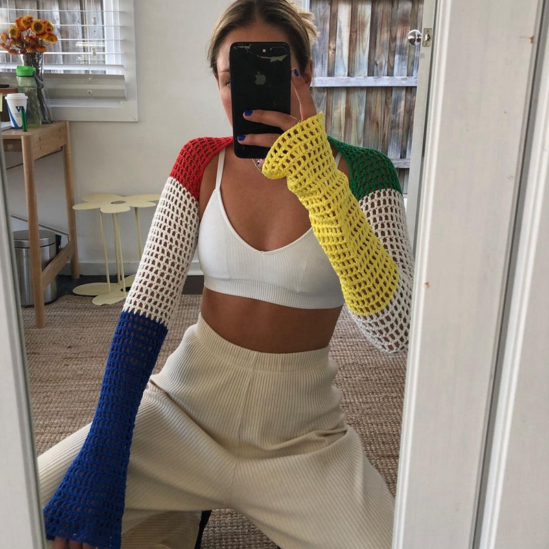 Sexy Crop Top Y2K Patchwork Crocheted Shawl Long Sleeves Mini Cover-ups Knitted Hollow Out T-shirt Women Fashion Streetwear