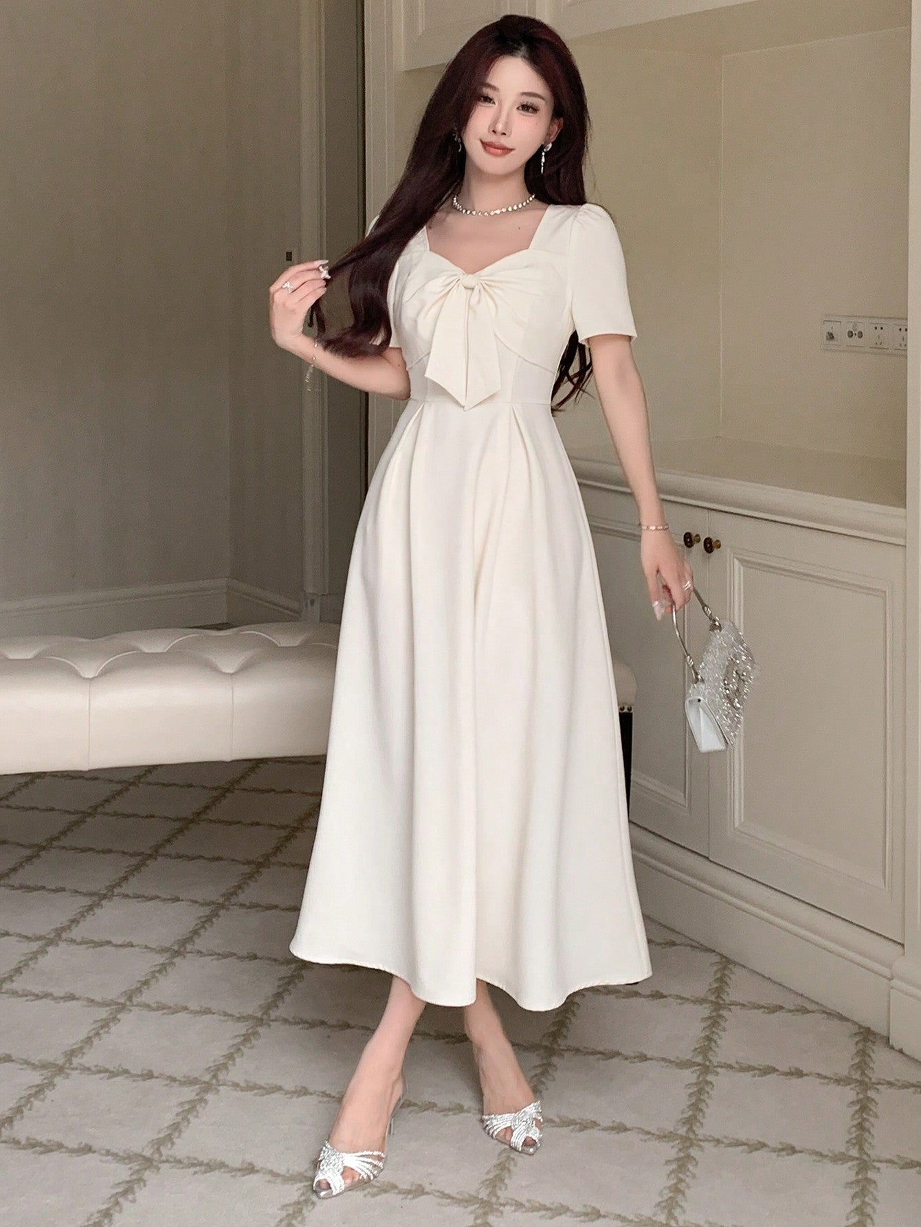 Maxct Women's Solid Color Simple Daily Butterfly Decorated Dress