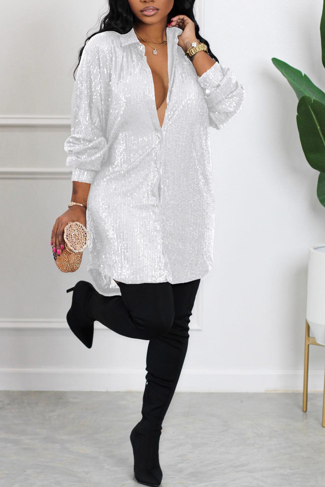 Maxct Sequins Solid Shirt Dress