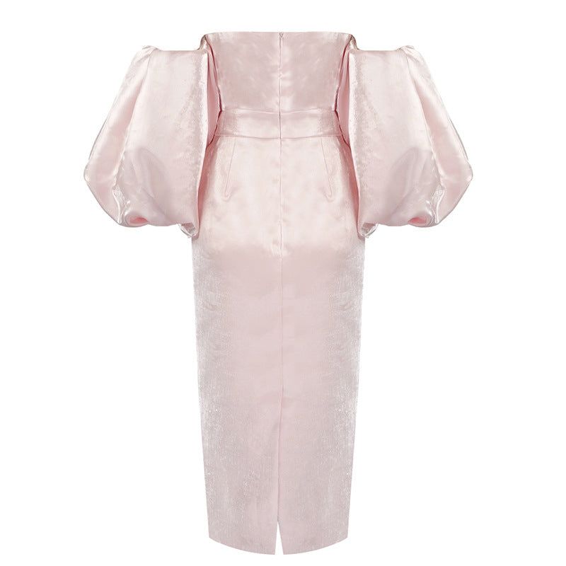Smiley Puff Sleeve Satin Midi Dress Maxct