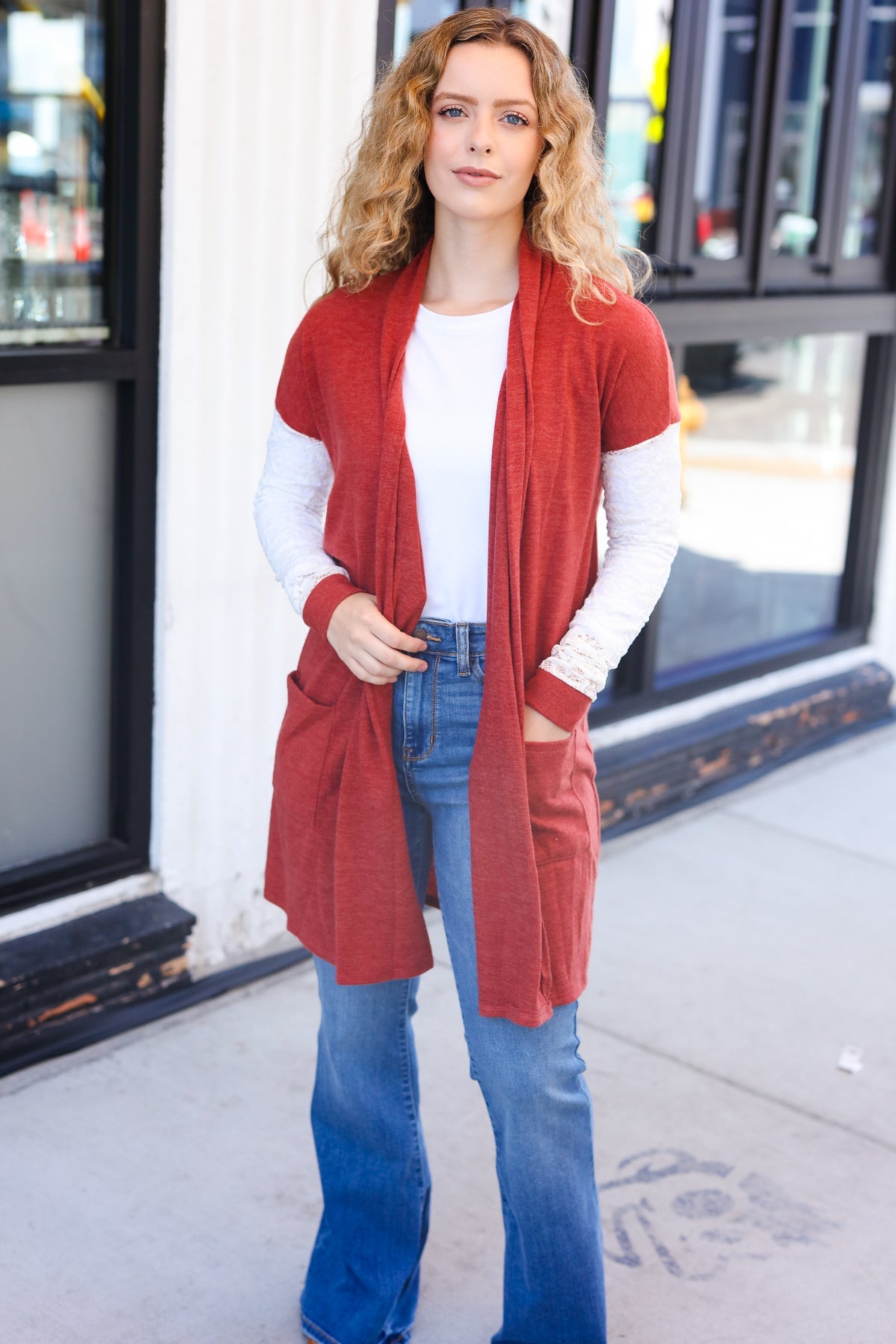 Maxct &Casual Days Rust Lace Sleeve Front Pocket Hacci Cardigan