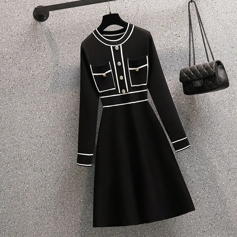 Maxct Size Autumn Winter Striped Patchwork Knitted Dress Elegant Women O Neck Button Long Sleeve White Sweater Dresses 4XL