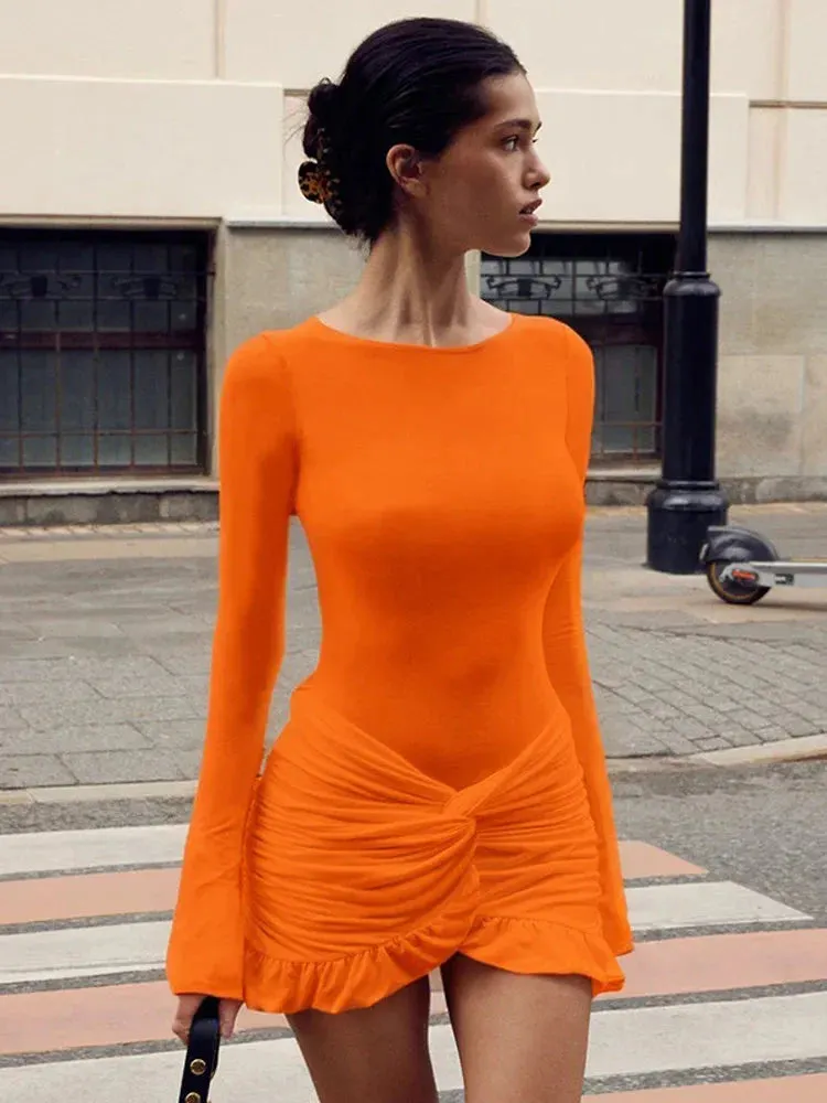 Ruffled Twist Skinny MIni Dress Long Sleeve Patchwork High Waist Party Dress FeY2k Bodycon Dress Maxct