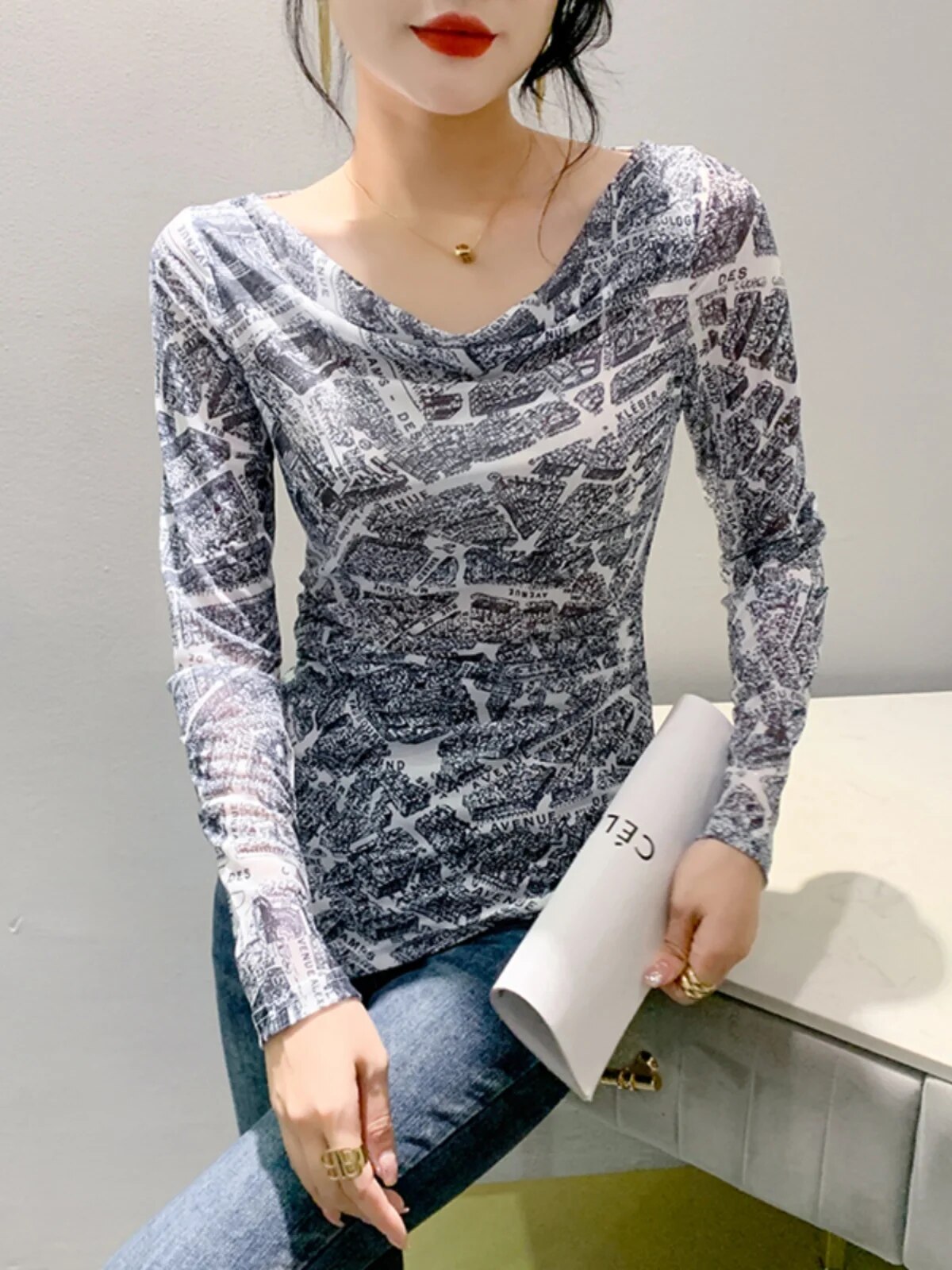 Maxct Autumn Mesh T-shirt Women Full Sleeve Irregular Hem Elegant High Stretch Slim Top
