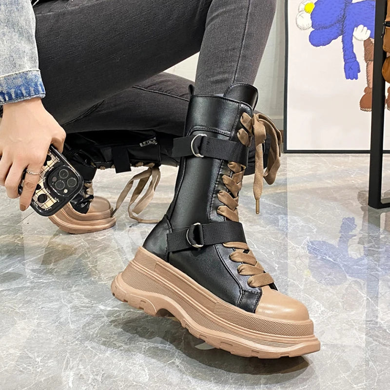 Platform Boots PU Leather Mid-Calf Combat for Women Maxct