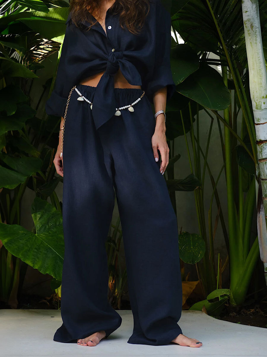 White Casual Cotton Linen Trousers Suit Women's Loose Long Sleeve Shirt Top Elastic Waist Pants Female Outfits Autumn New