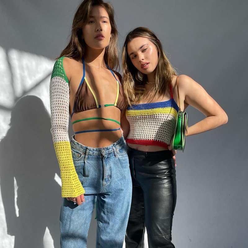 Sexy Crop Top Y2K Patchwork Crocheted Shawl Long Sleeves Mini Cover-ups Knitted Hollow Out T-shirt Women Fashion Streetwear