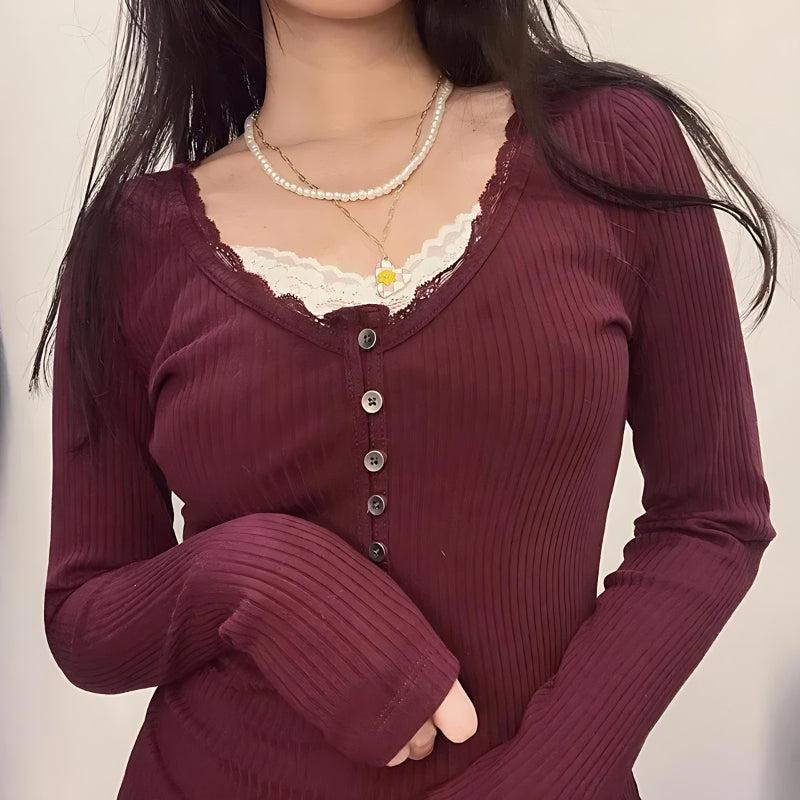Maxct &Corduroy Lace Trim Top