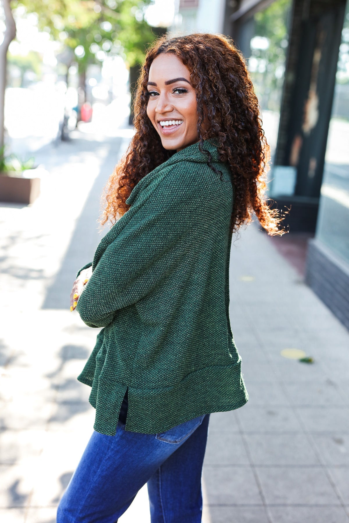Maxct &Easy Living Olive Textured Knit Notch Neck Oversized Collar Sweater