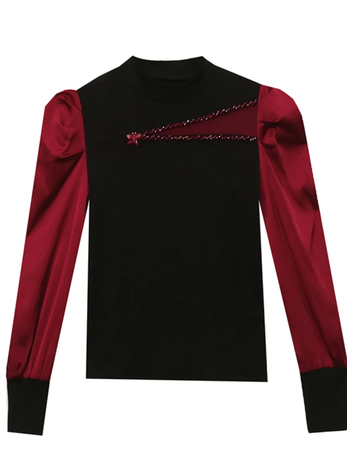 Maxct Women Full Puff Sleeve Beading Cotton T-shirts Girl Patchwork Contrast Color T Shirt Female Autumn Top