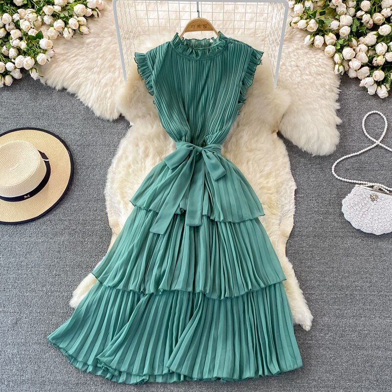Women's Purple/Pink/Green Draped Dress Vintage Ruffle Stand Collar Sleeveless High Waist Party Pleated Vestidos Female New