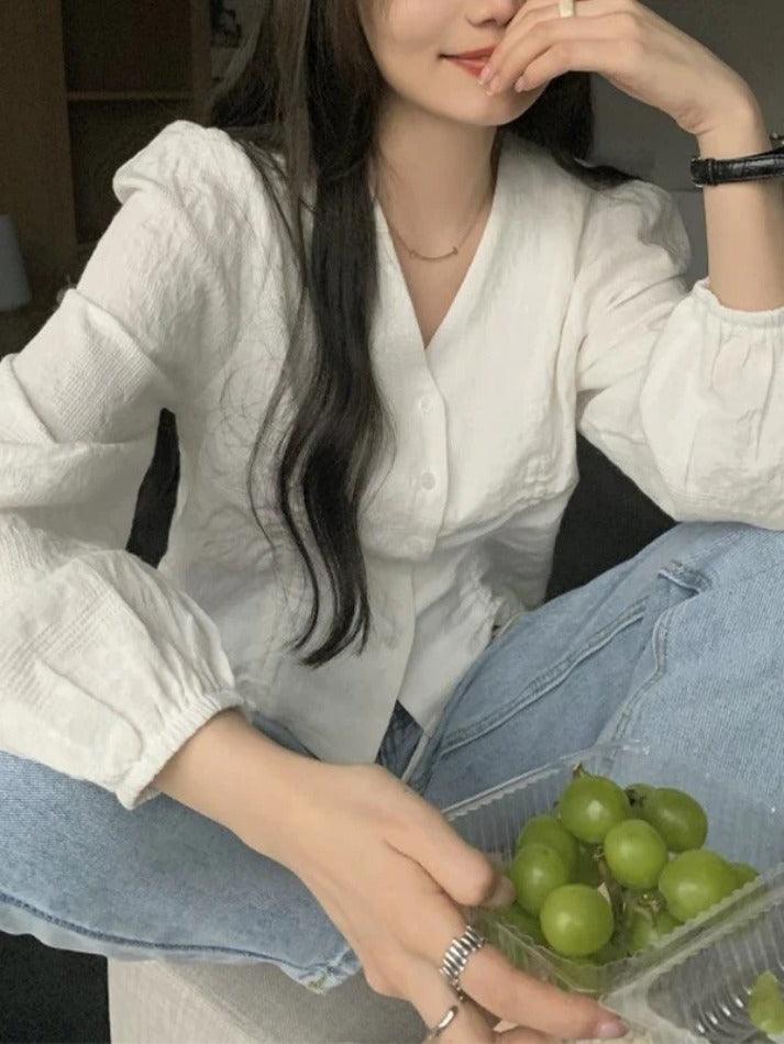 Maxct Lace Up Button Front Long Sleeve Blouse