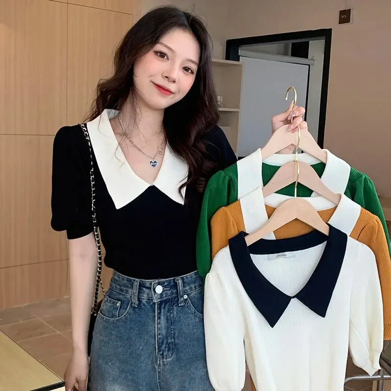Maxct Vintage Knitted Pullover T Shirt Women Sweet Patchwork Puff Short Sleeve Tops Office Elegant Peter Pan Collar Slim Tees