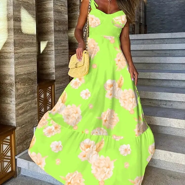 Maxct Floral Printed Yellow Dresses For Women Elegant Sleeveless Long Dress Holiday Lace Up Robe Summer Bodycon Vestidos Feminino