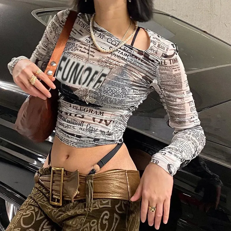 Maxct Gothic Black Pachtwork Mesh Sheer T-shirt Graphic 90s Vintage Women Long Sleeve Slim Fit Crop Top Harajuku Streetwear
