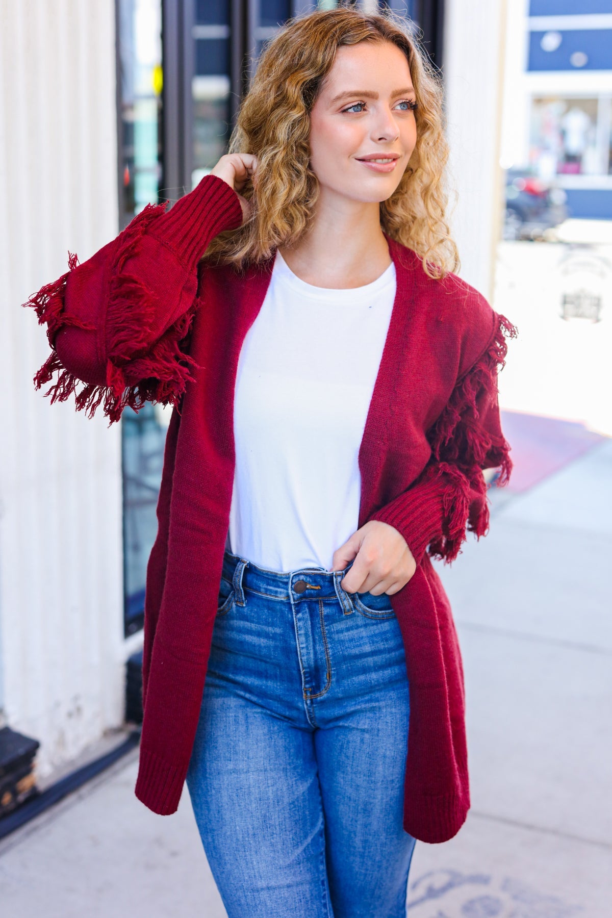 Maxct &Beautiful You Burgundy Fringe Detail Knit Cardigan