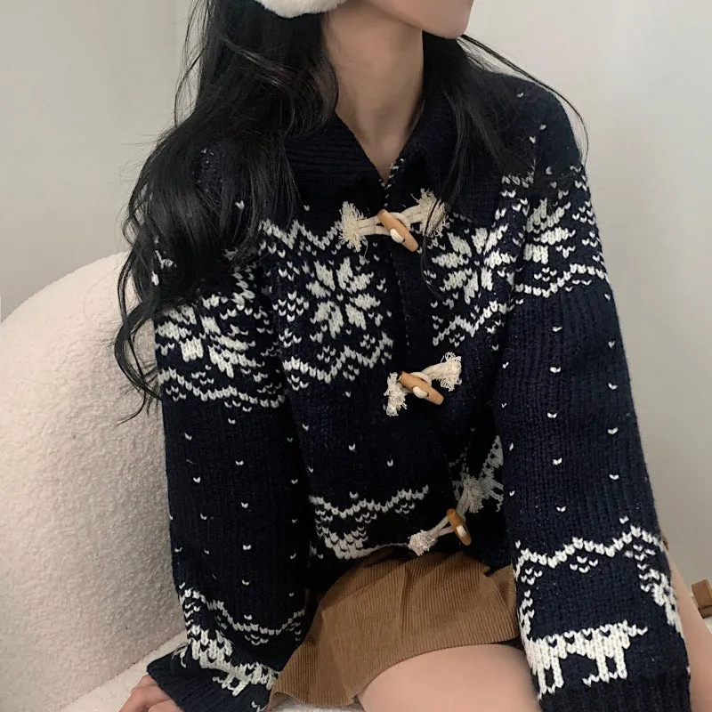 Maxct Aesthetic Snowflake Horn Button Knitted Cardigan - Image 3