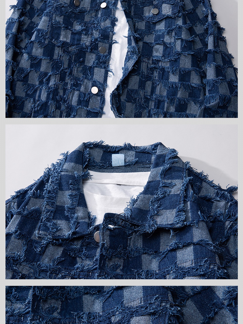 &Men's Retro Blue Plaid Tassel Denim Jacket