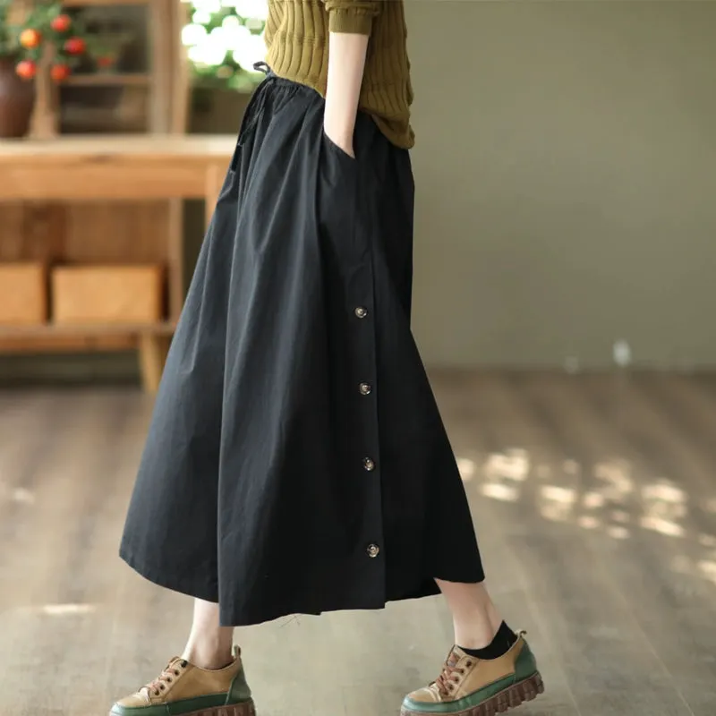 Loose Wide-Leg Side Buttons Cotton Linen Casual Pants for Women
