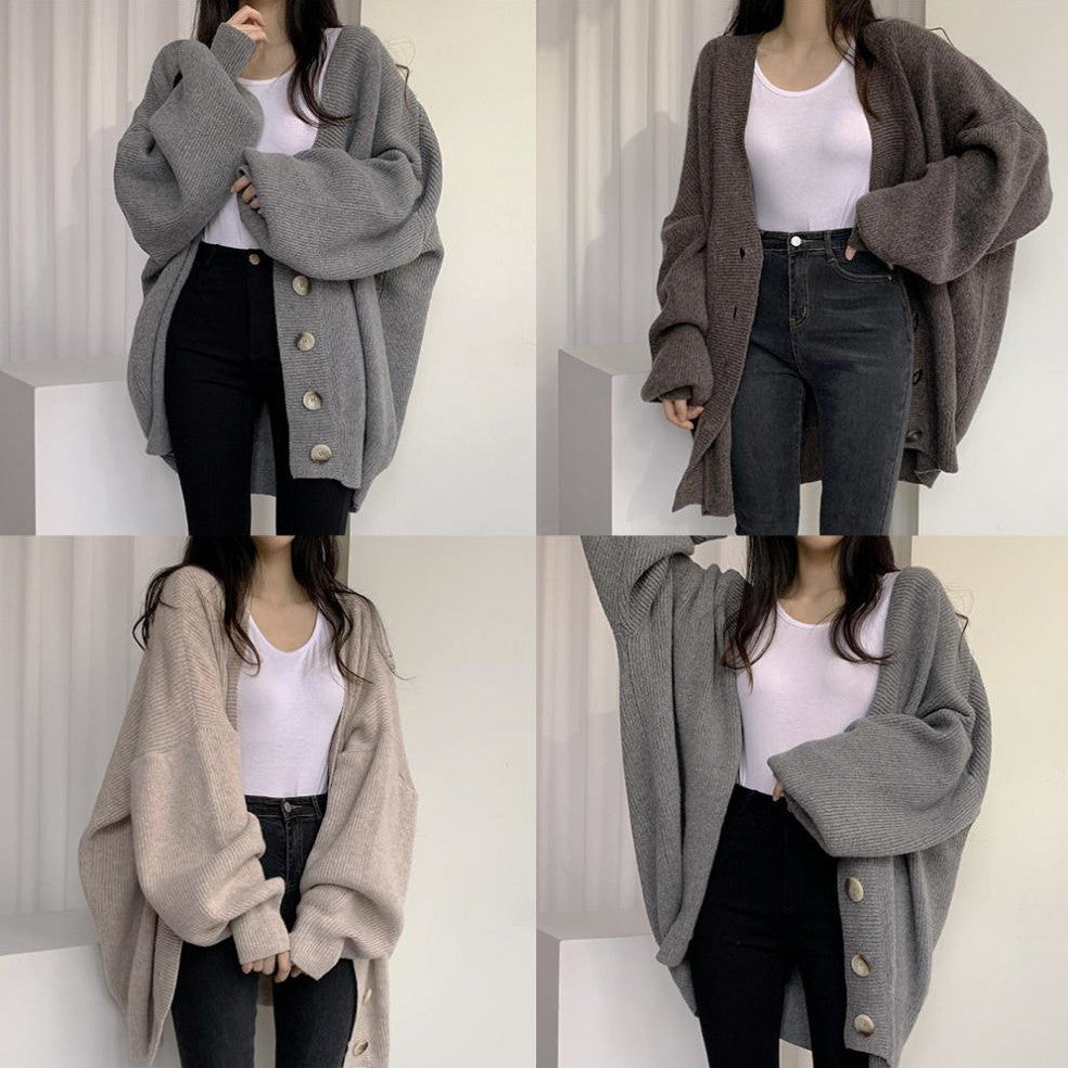 Maxct Preppy Solid Color V Neck Baggy Cardigan