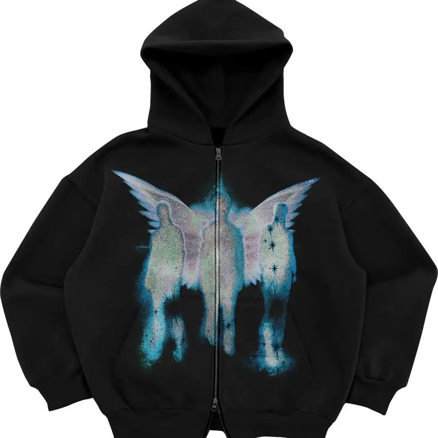 Maxct Gothic Retro High Street Hoodies Y2k Zip Up Hoodie Men and Women Clothes Hip Hop Punk Loose Sweatshirt Zipper Pullover Cardigan