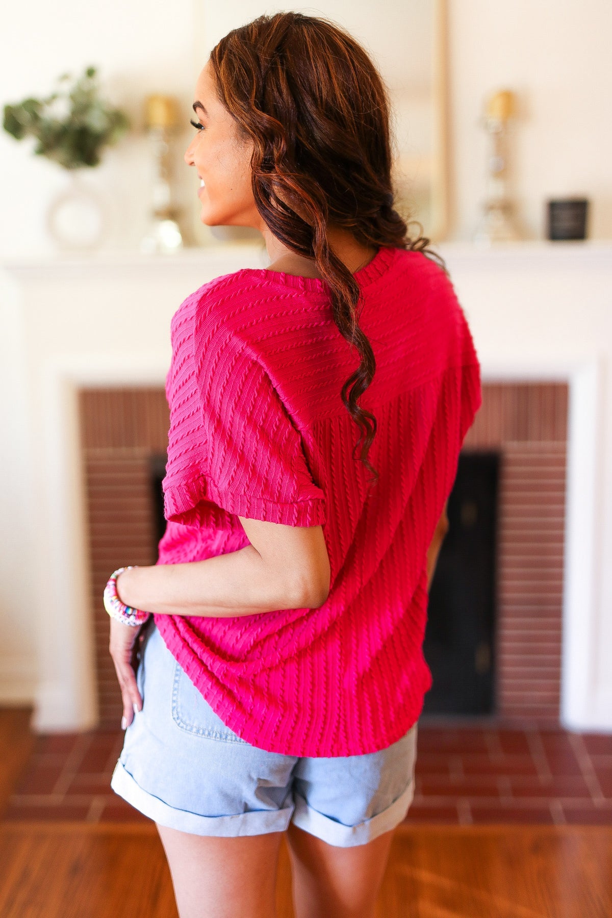 Maxct &Be Your Best Fuchsia Cable Knit Dolman Short Sleeve Sweater Top