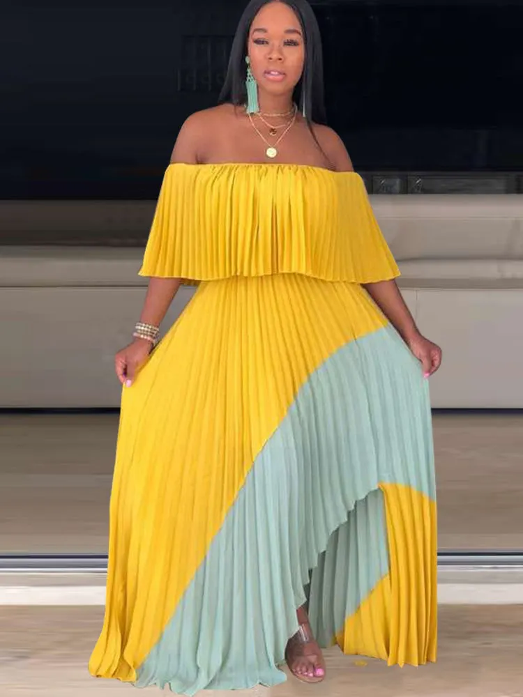 Off Shoulder Ombre Pleated Maxi Dress Maxct