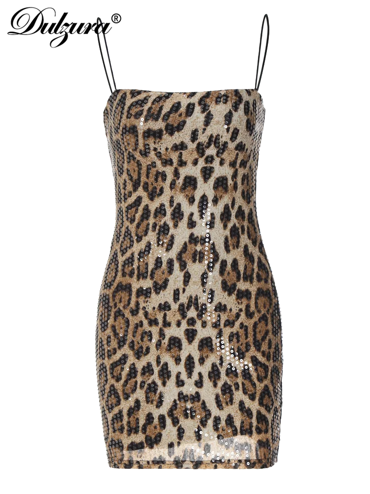 Leopard Print Spaghetti Shoulder Strap Square Collar Mini Dress Sparkly Sequins Party Club Y2K Clothes Maxct