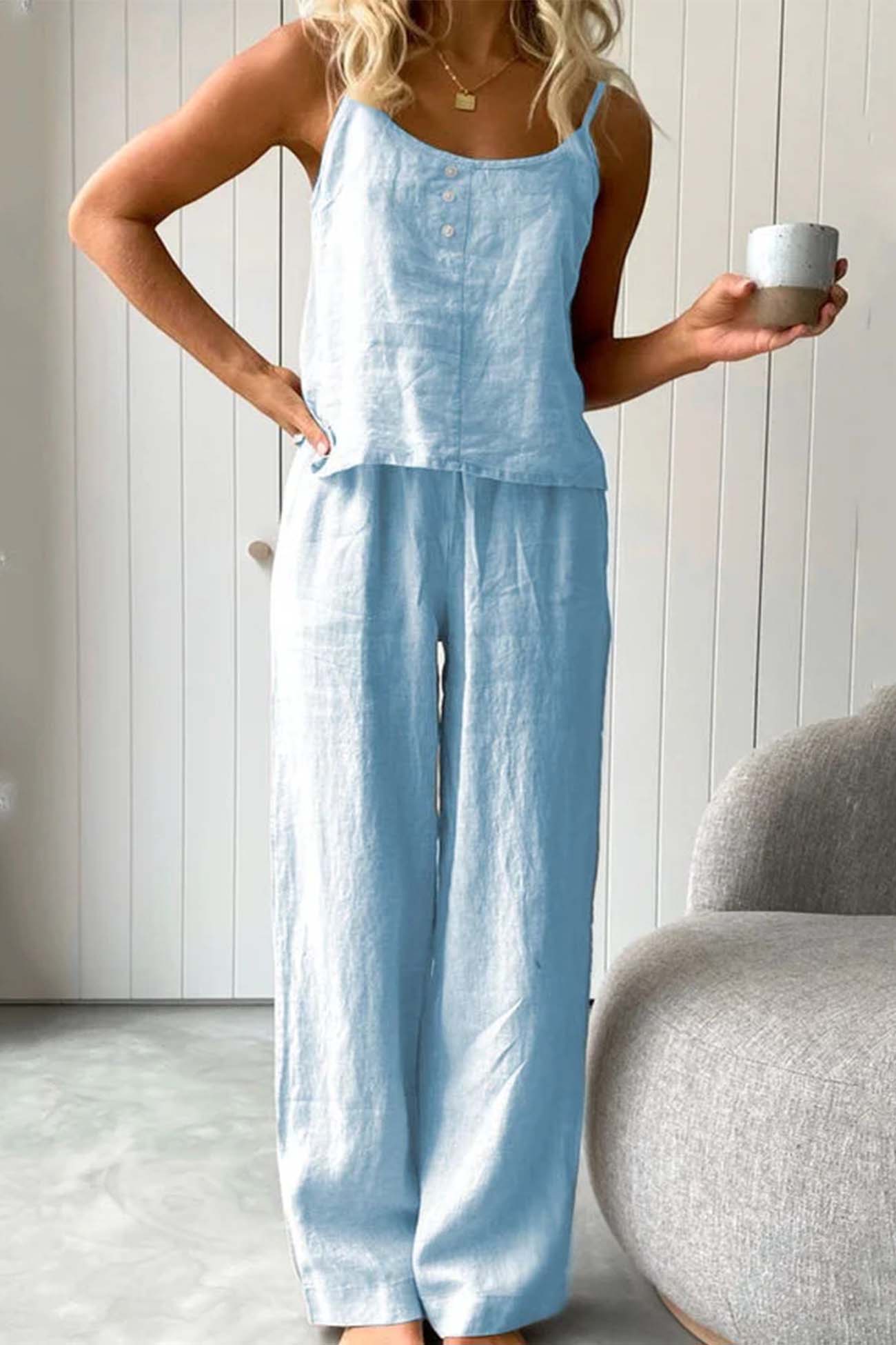 Maxct Solid Color Cotton Spaghetti Straps Long Pants Set