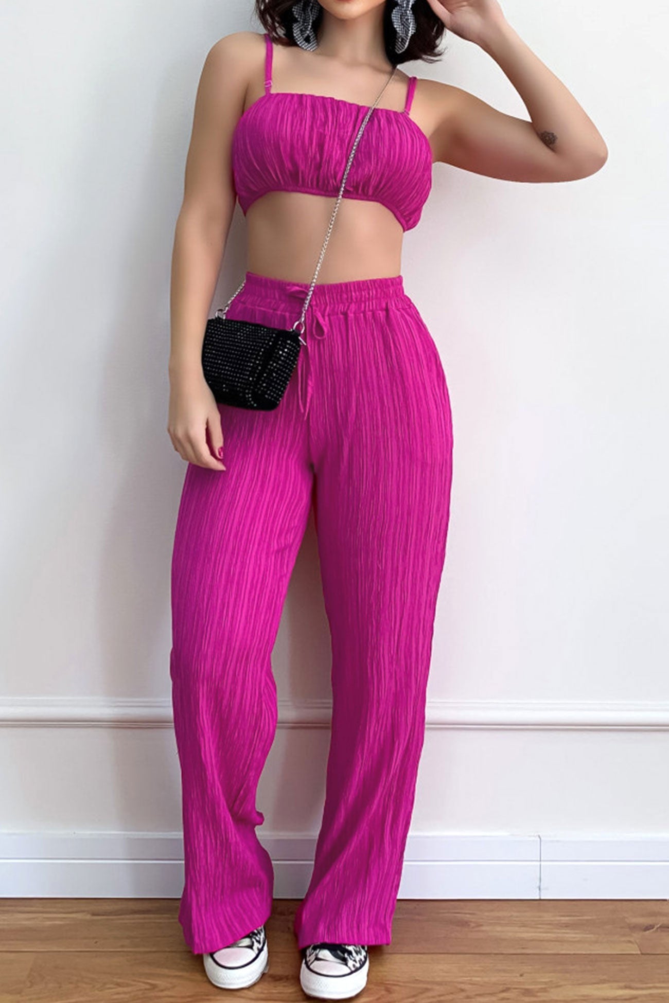 Maxct-Pleated Smocked Vest Drawstring Long Pants Suits