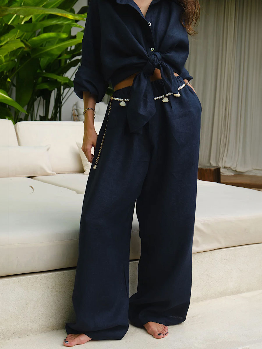 White Casual Cotton Linen Trousers Suit Women's Loose Long Sleeve Shirt Top Elastic Waist Pants Female Outfits Autumn New