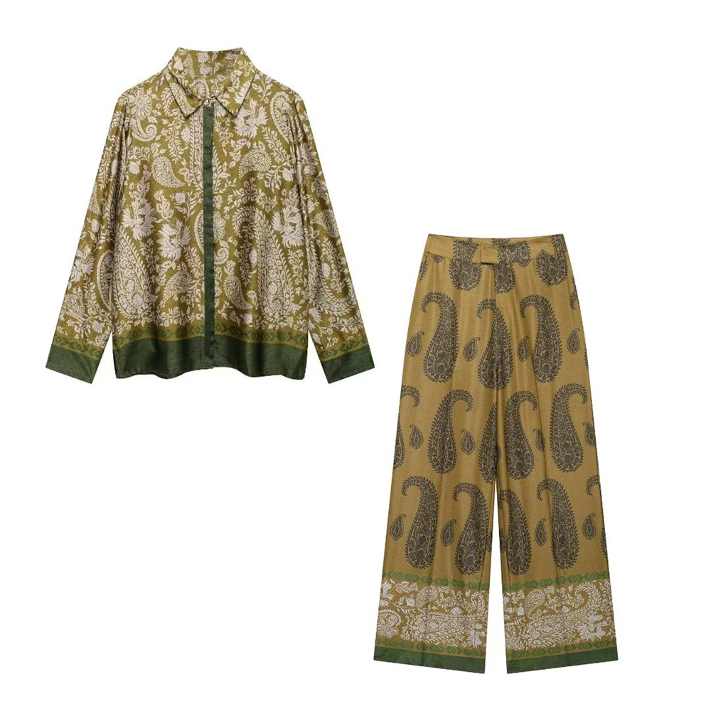 Autumn New Women's Fashion Versatile Collar Long Sleeve Shirt Silk Texture Printed Pants Casual Set