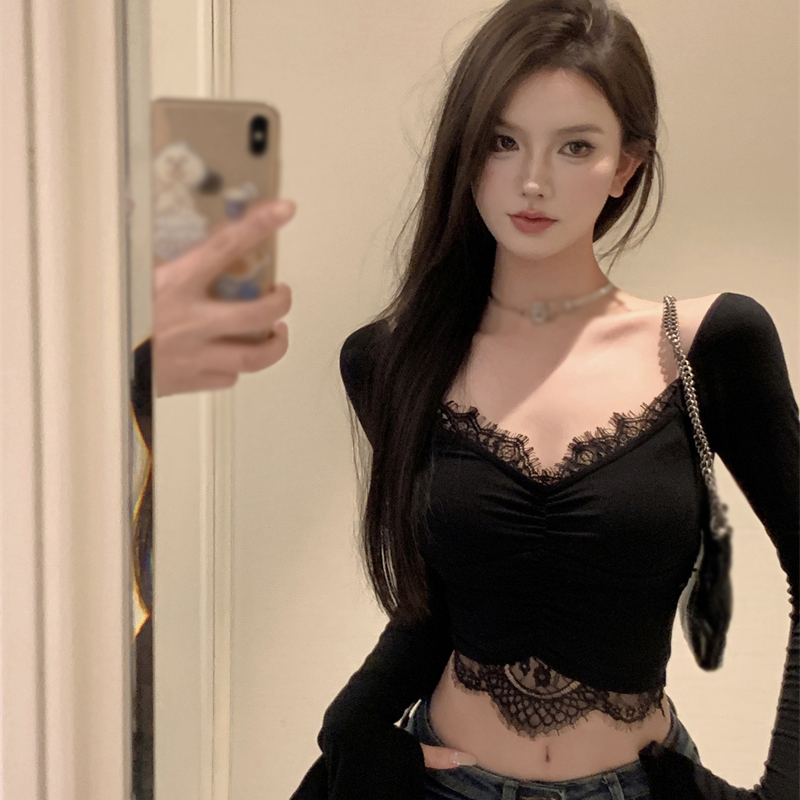 Maxct Autumn Women Crop Tops Vintage Korean Retro High Street Lace Patchwork T-Shirt Streetwear Tee Shirt