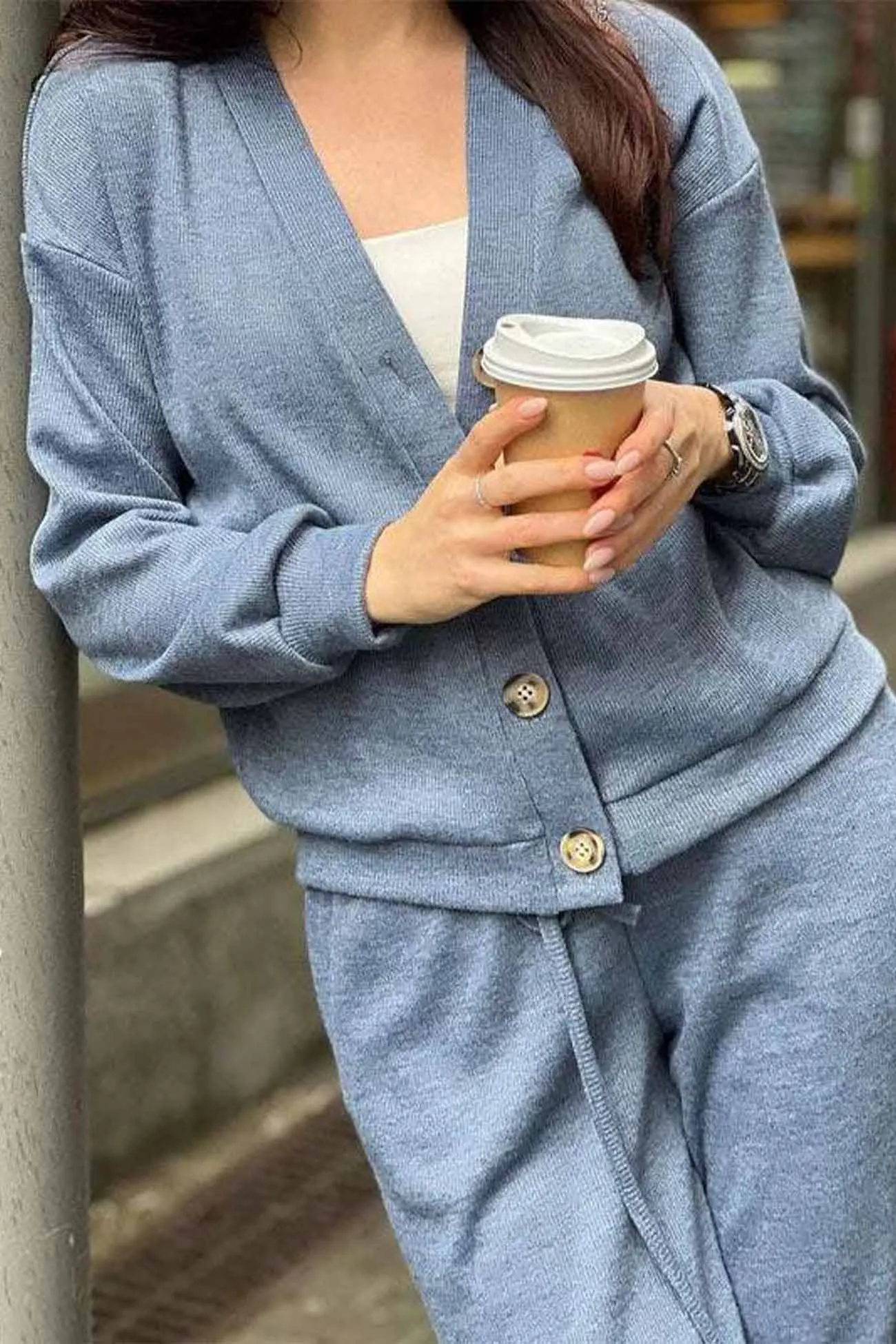 Maxct Solid Color Button Down Cardigan Long Pants Set