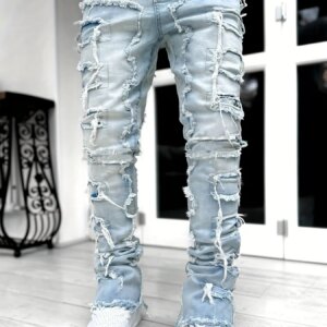 Maxct Creative Tassels Decoration Straight Fit Jeans, Men's Casual Medium Stretch Street Style Denim Pants For All Seasons