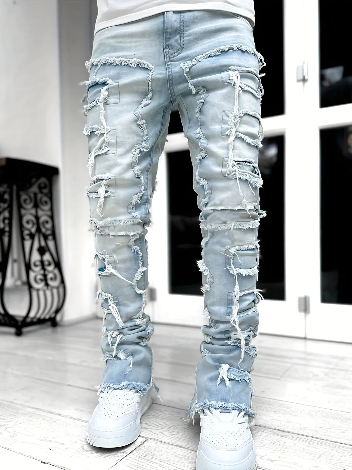 Maxct Creative Tassels Decoration Straight Fit Jeans, Men's Casual Medium Stretch Street Style Denim Pants For All Seasons