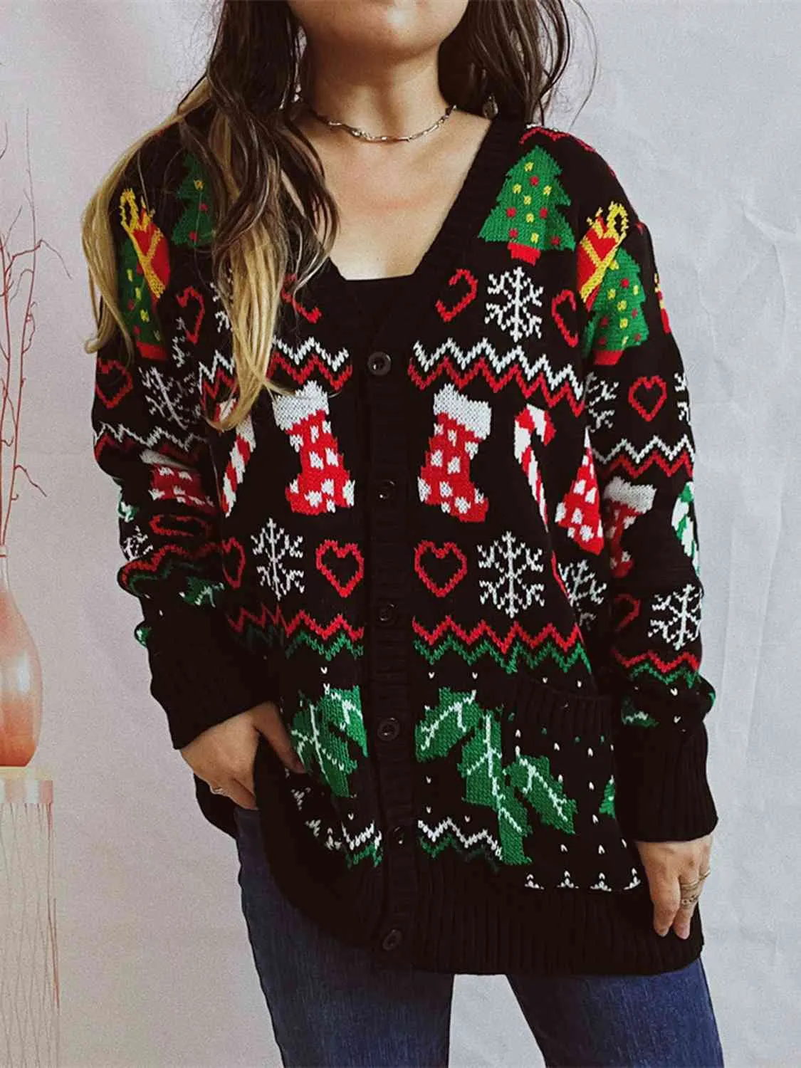 Maxct &Printed Button Up V-Neck Long Sleeve Cardigan with Pockets