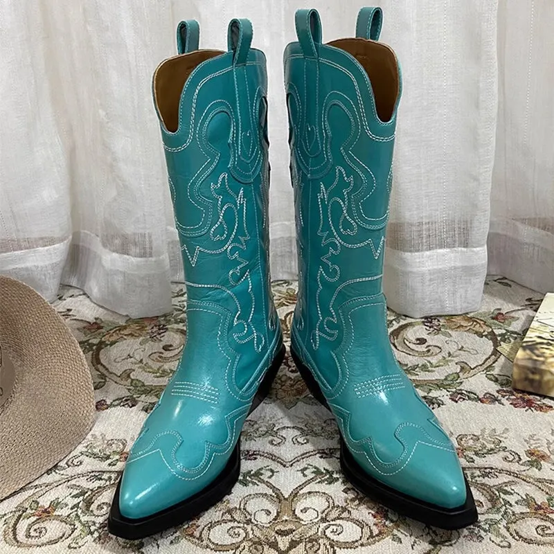 Womens Contrasting Embroidery Western Boots Mid Calf Cowboy Boots Maxct