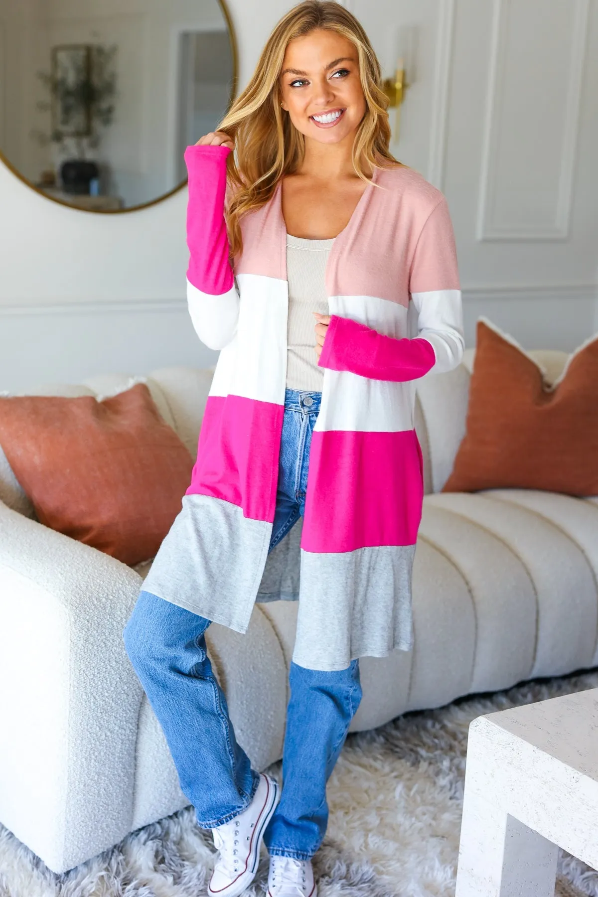 Maxct &Face The Day Blush Wide Stripe Hacci Colorblock Cardigan