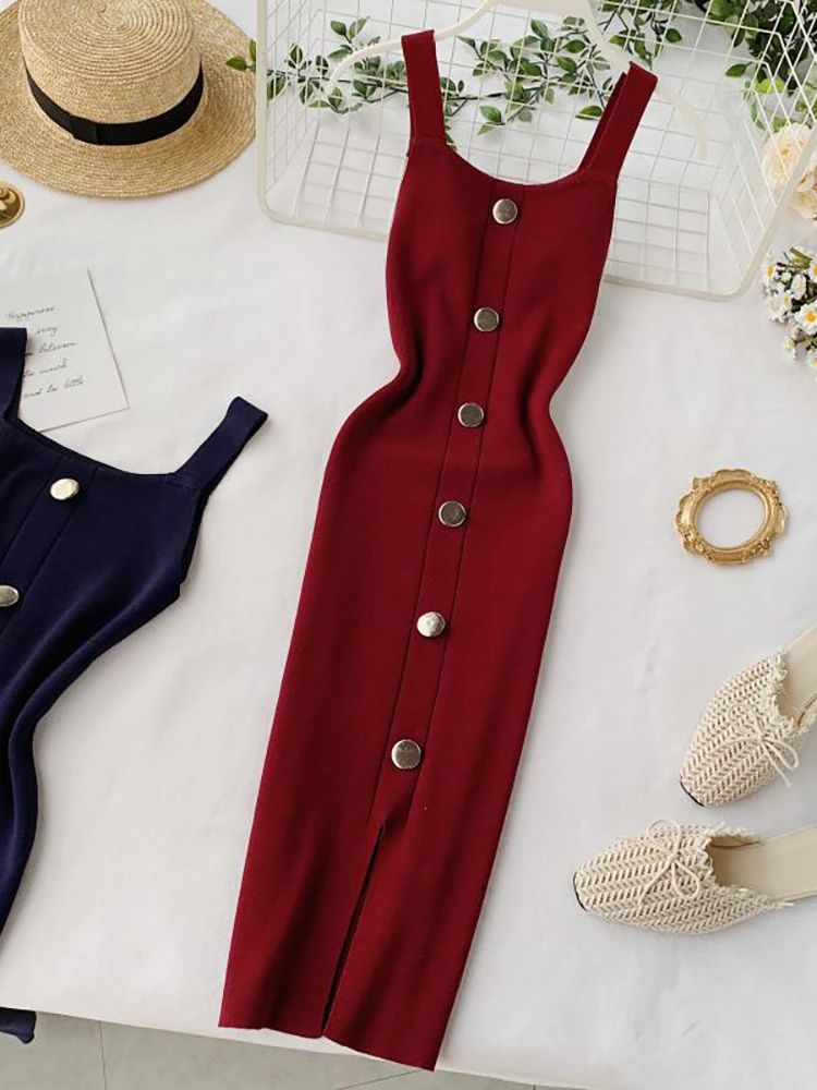 Maxct Summer Pink/Red/White/Black Women Knitted Dress Vintage High Waist Button Single-breasted Slim Casual Dress For Female New