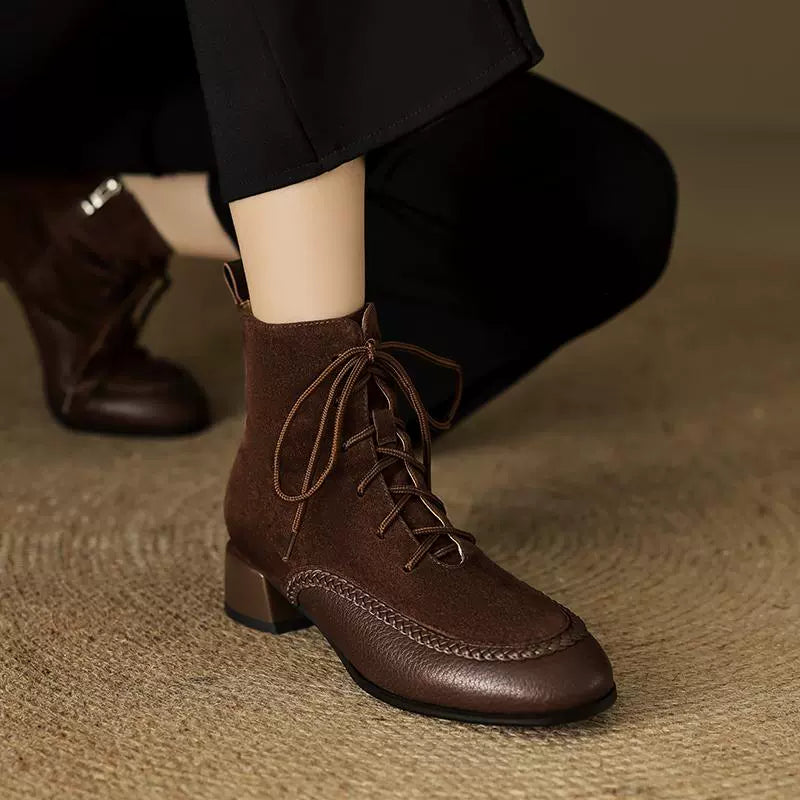 Maxct Retro Sheepskin Leather Sueded Chunky Boots