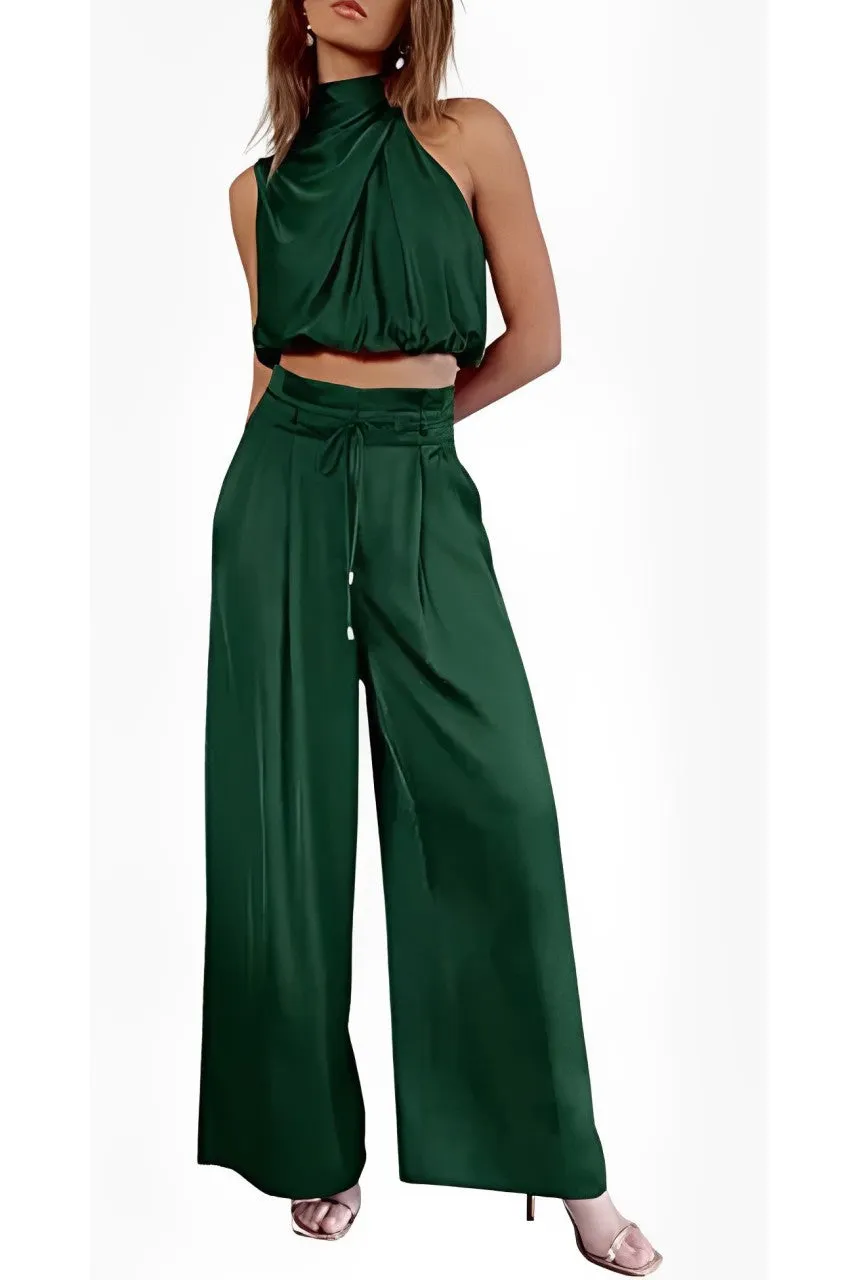 Maxct Satin Mock Neck Crop Top Pants Suits - Image 10
