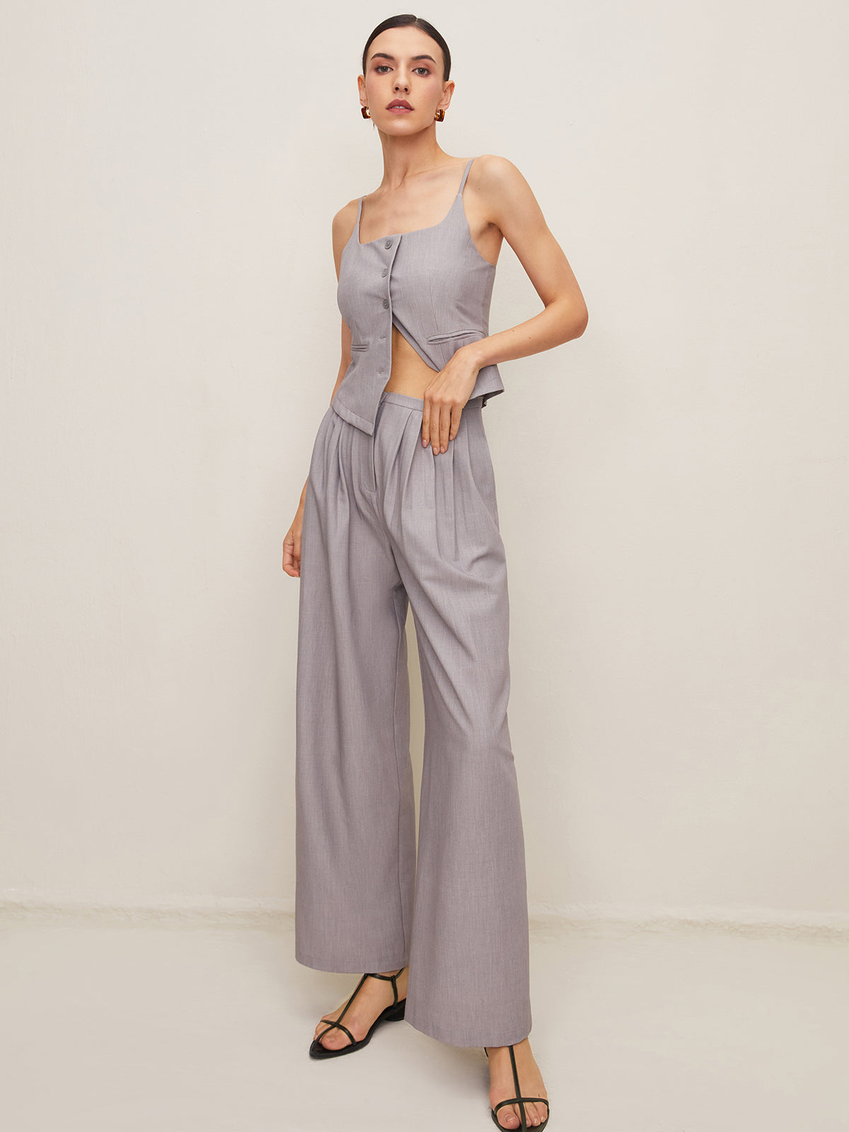 Maxct Pleated Sleeveless Plain Pants Set