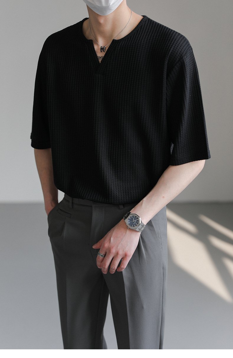Maxct 90s Streetwear Summer New Korean Style Loose Small V-neck Short-sleeved T-shirt Men's Fashion Brand Wafflet High-end Sense Half-sleeved T-shirt Top